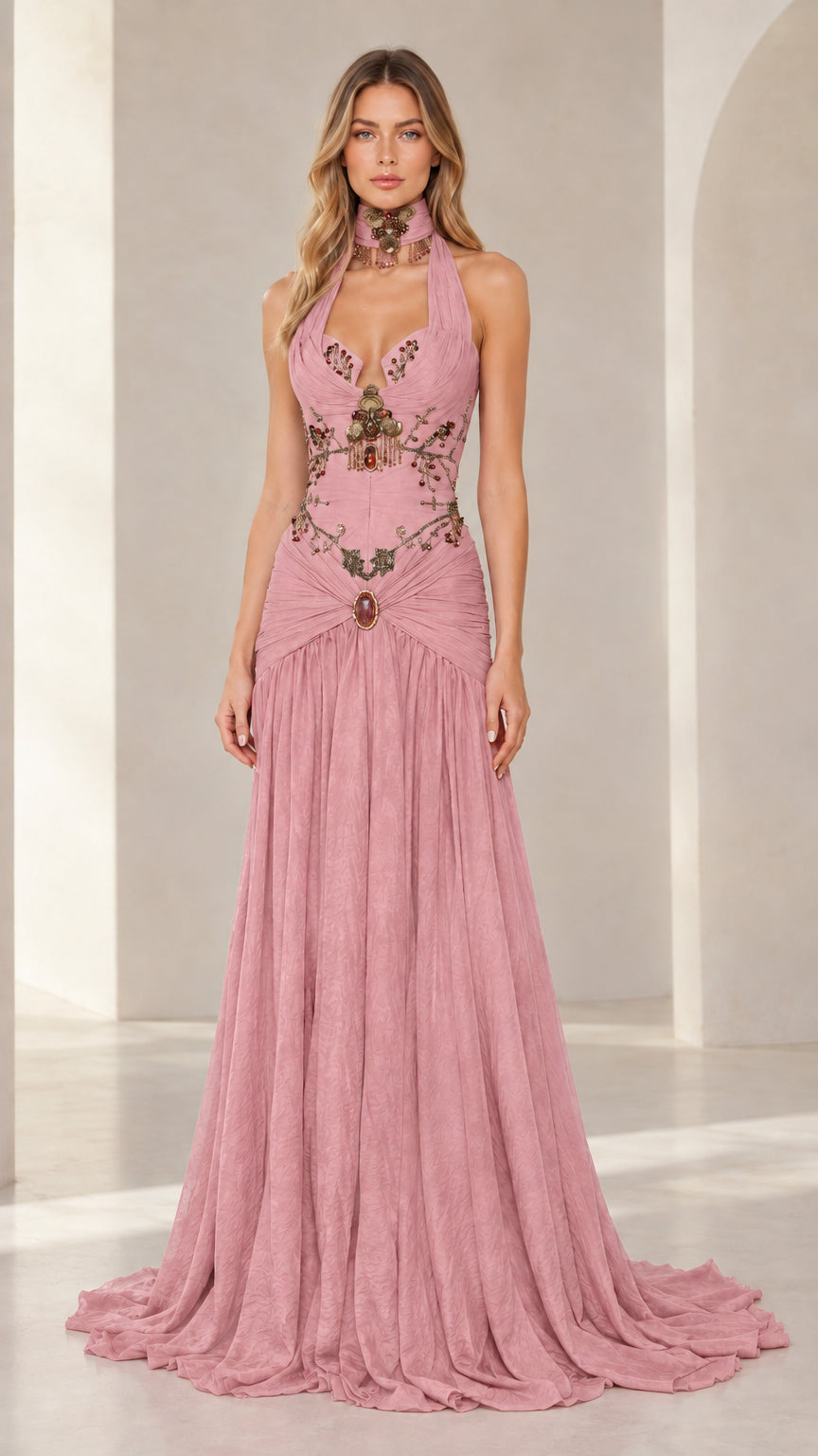 Dusty pink embellished halter neck corset formal dress on model