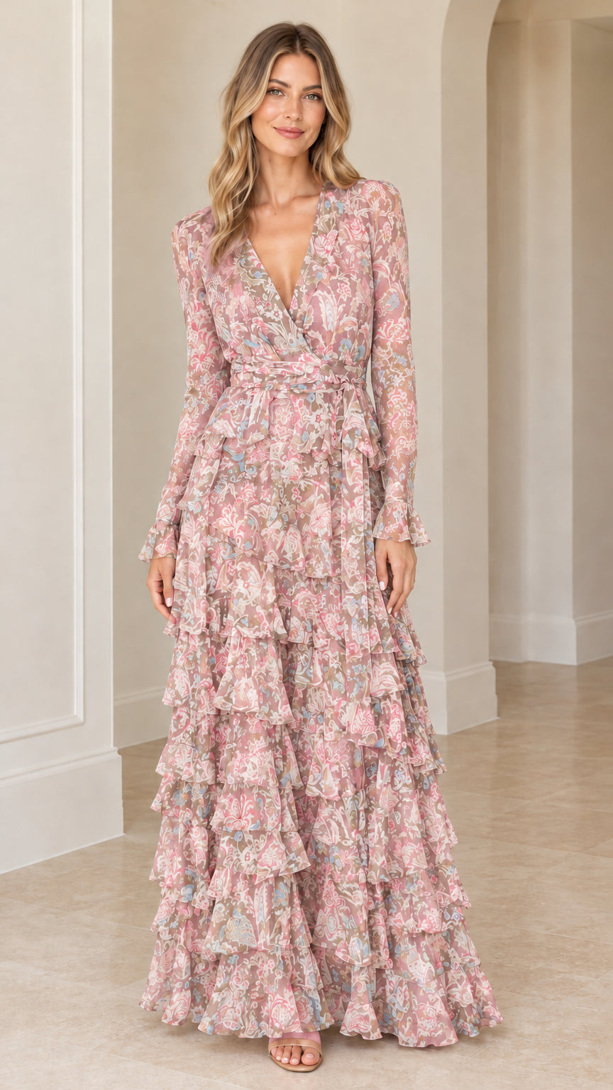 Model wearing dusty pink floral print tiered ruffle long sleeve maxi dress