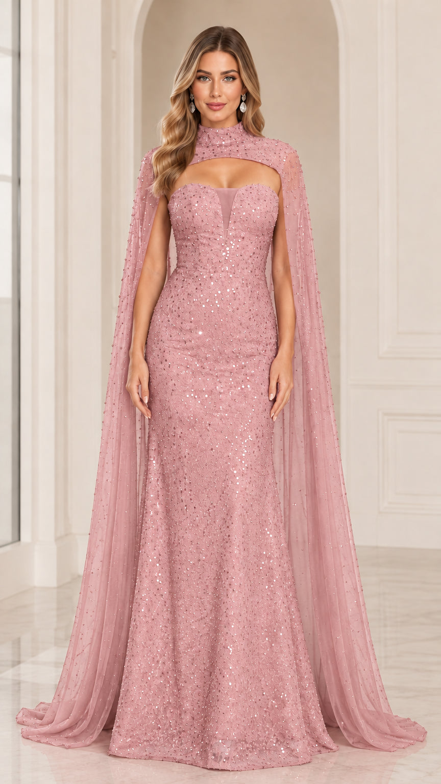 Front view of woman wearing dusty pink sequin cape evening gown