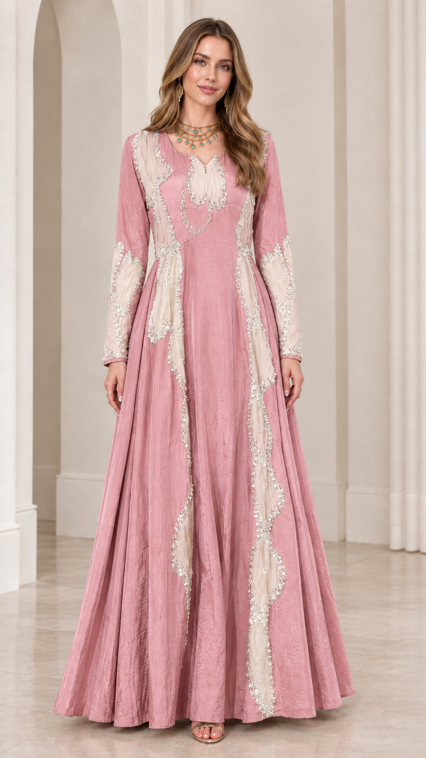 Dusty pink long sleeve evening maxi dress with light beige embroidery
