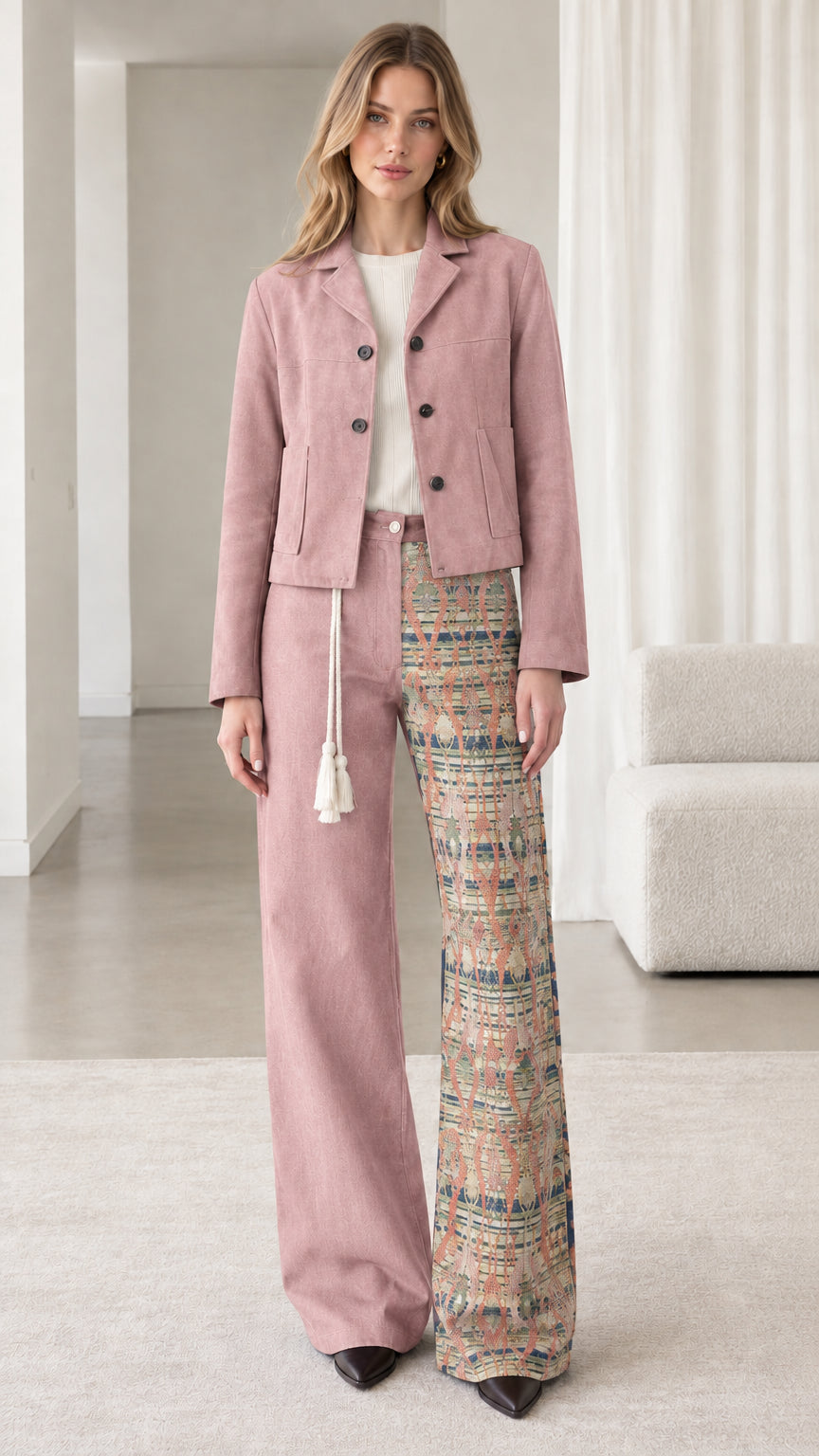 Model wearing dusty pink cropped button-down jacket
