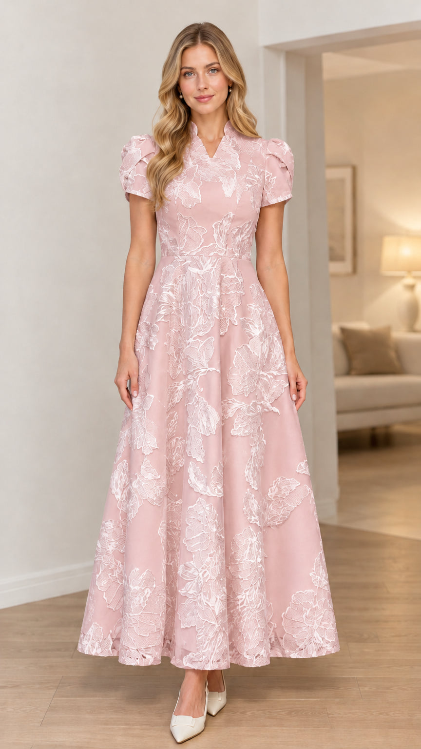 Blush pink floral jacquard mandarin collar maxi dress