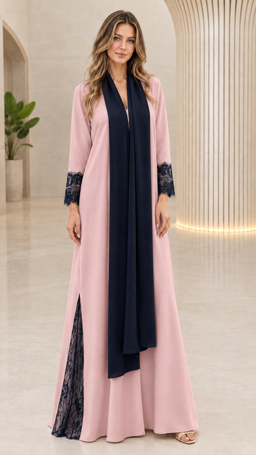 Front full-length view of dusty pink lace-trim modest maxi abaya dress