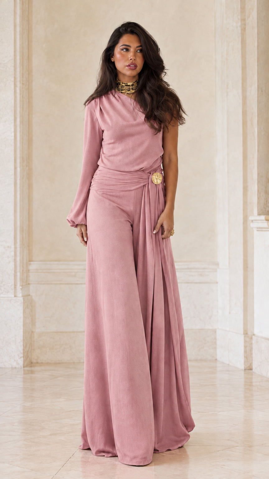Full-length studio shot of dusty pink one-shoulder wide-leg evening jumpsuit