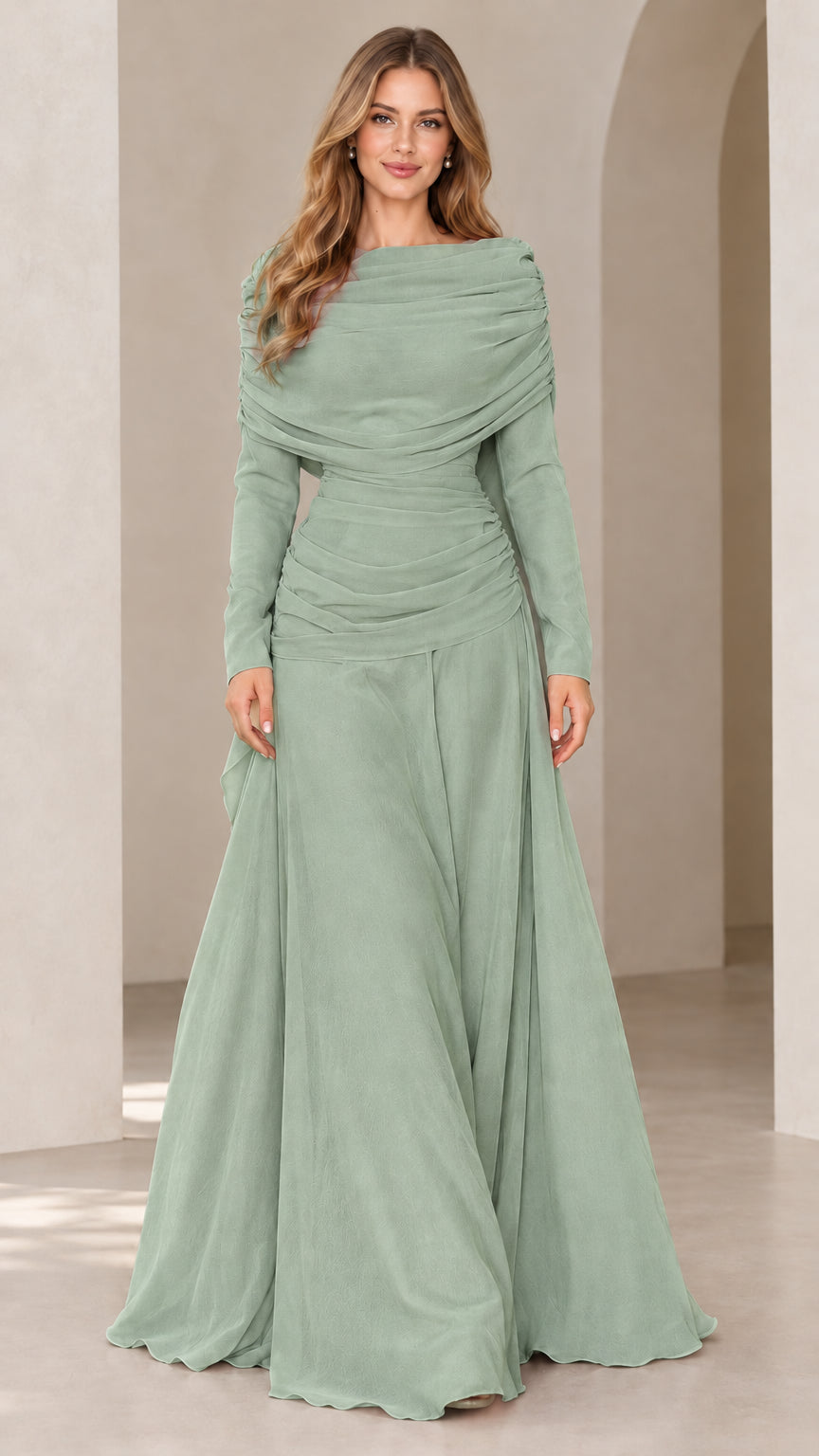 Full front view of sage green long sleeve cowl neck maxi formal dress