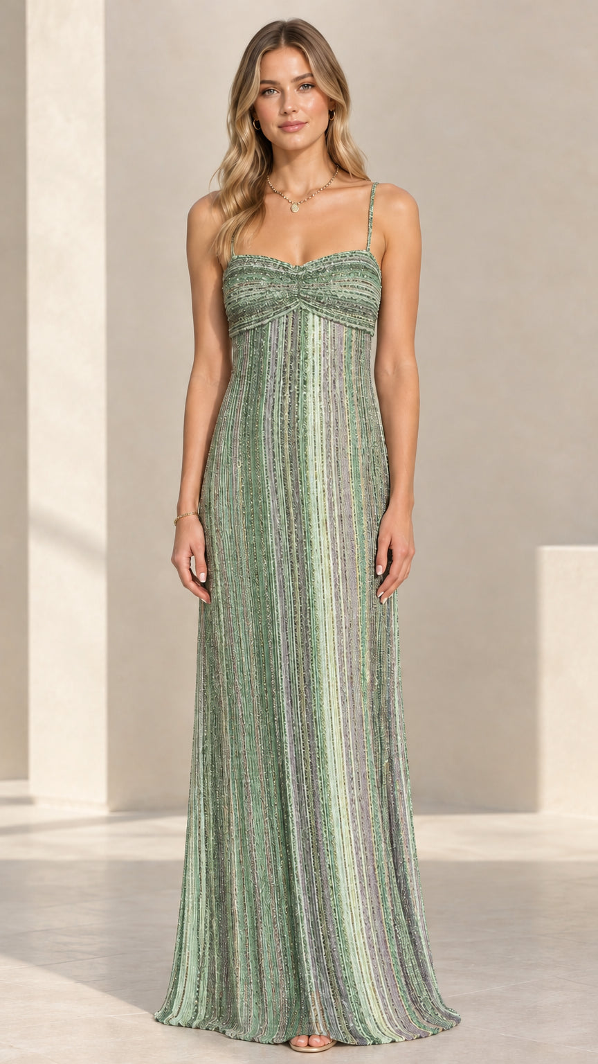 Model wearing the sage green multi shimmer floor-length maxi dress