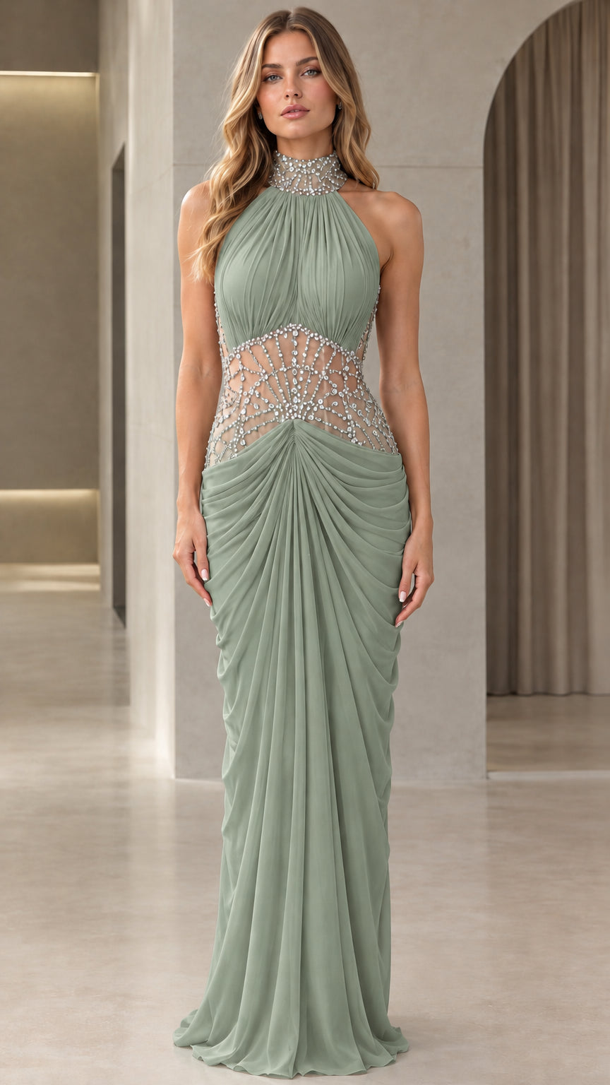 Front view of model wearing Sage Green rhinestone halter ruched formal maxi dress