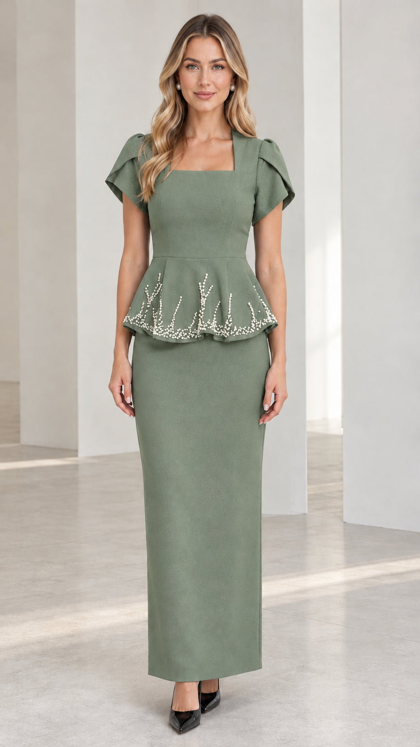 Sage green square neck beaded peplum maxi evening gown