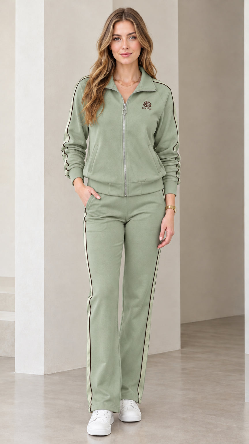 Women's sage green two-piece tracksuit set with contrast side stripes