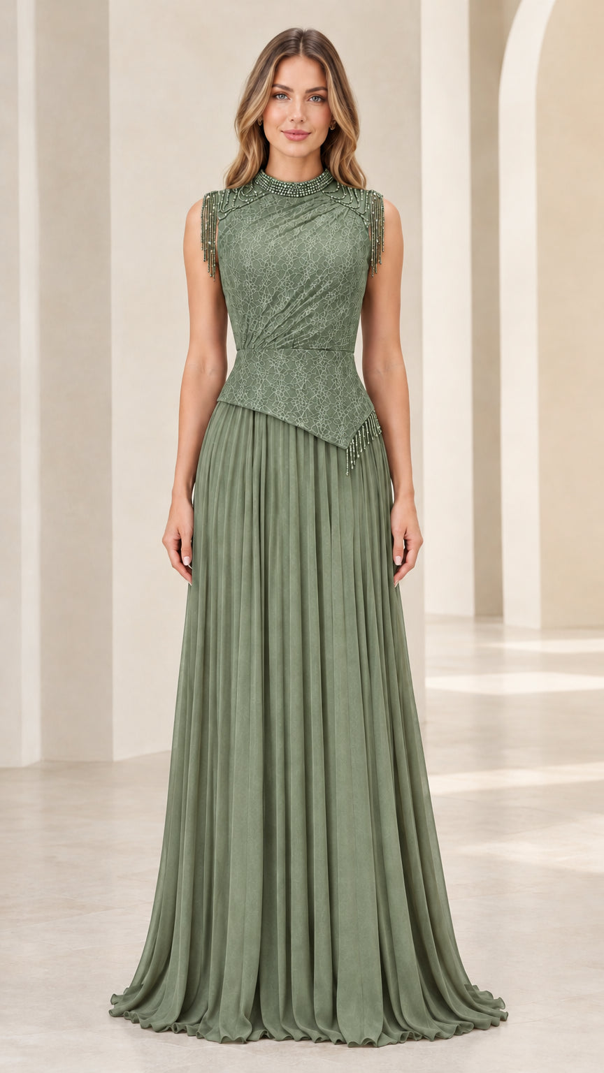 Model wearing sage green sleeveless beaded bodice pleated formal gown