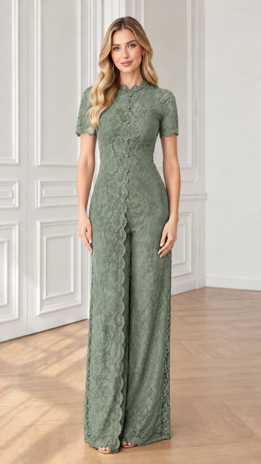 Full front view of Sage Green floral lace wide-leg jumpsuit