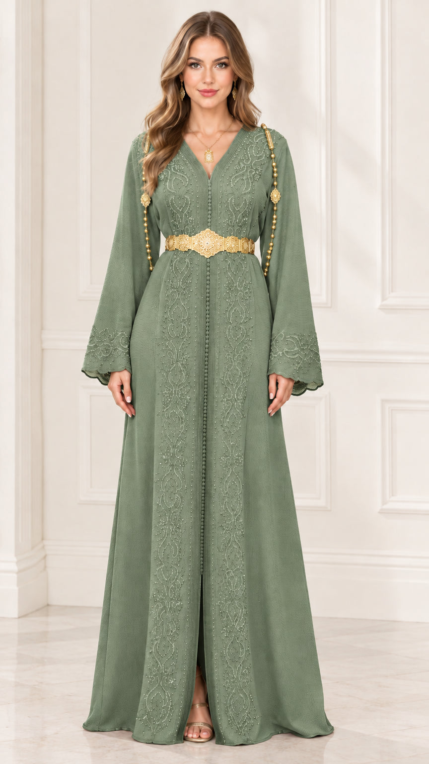 Full front view of Sage Green embroidered kaftan maxi dress with gold belt