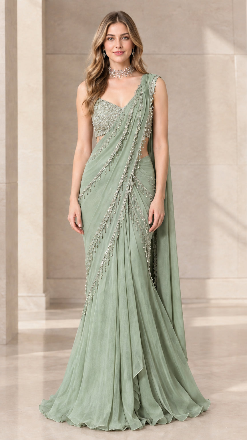 Front view of model wearing Sage Green pre-draped saree gown with sequin bodice