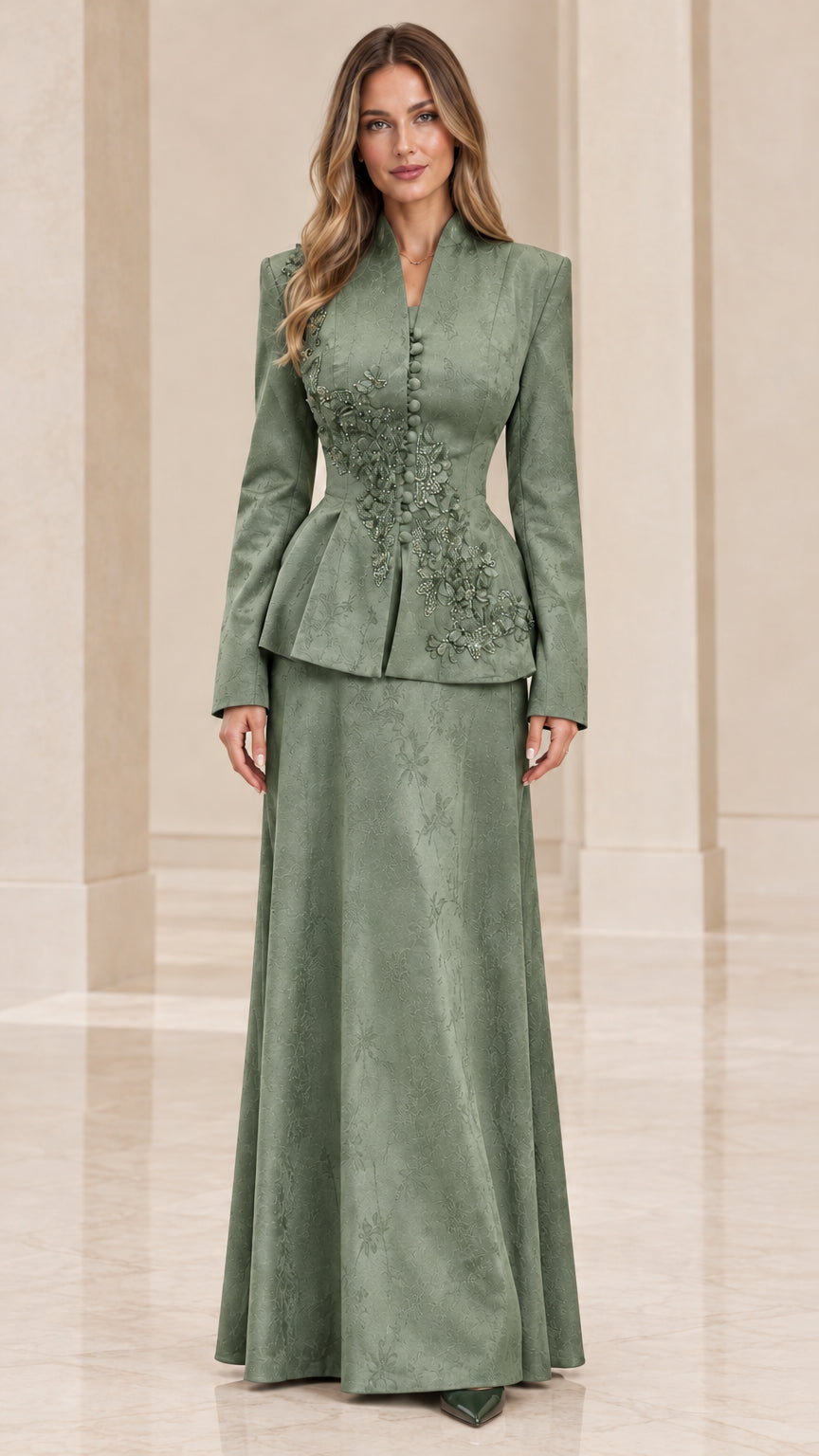 Sage green two-piece mother of the bride peplum skirt suit set