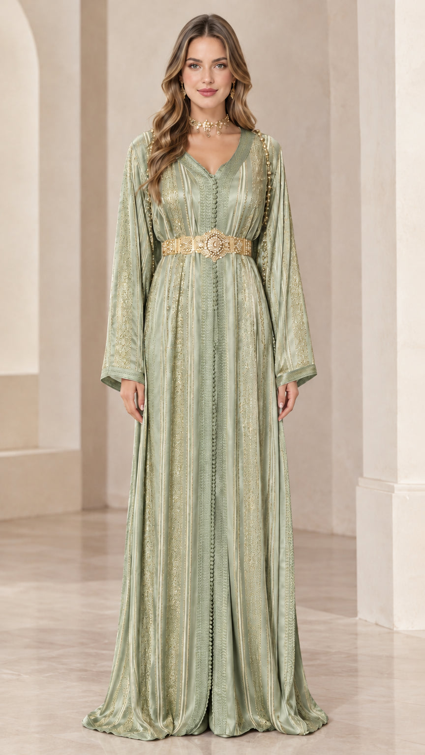 Front view of model wearing Sage Green metallic embroidered belted kaftan dress