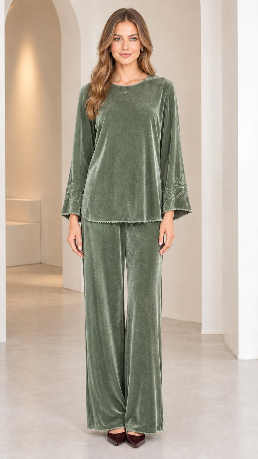 Model wearing Sage Green velvet relaxed pant set