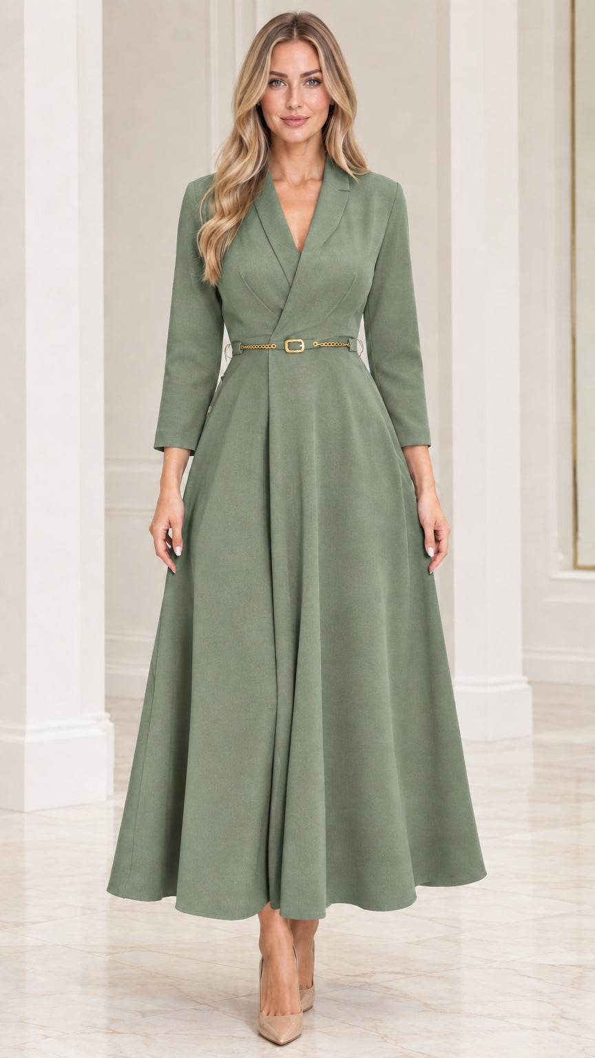 Model wearing sage green lapel collar belted A-line maxi dress