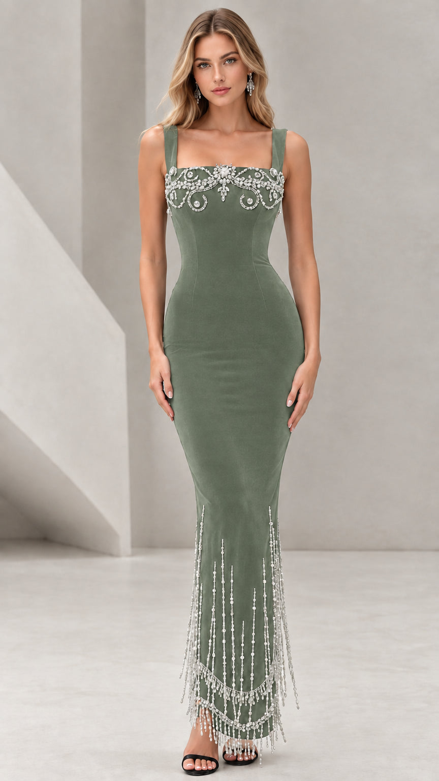 Sage green square neck embellished velvet evening gown with fringe details