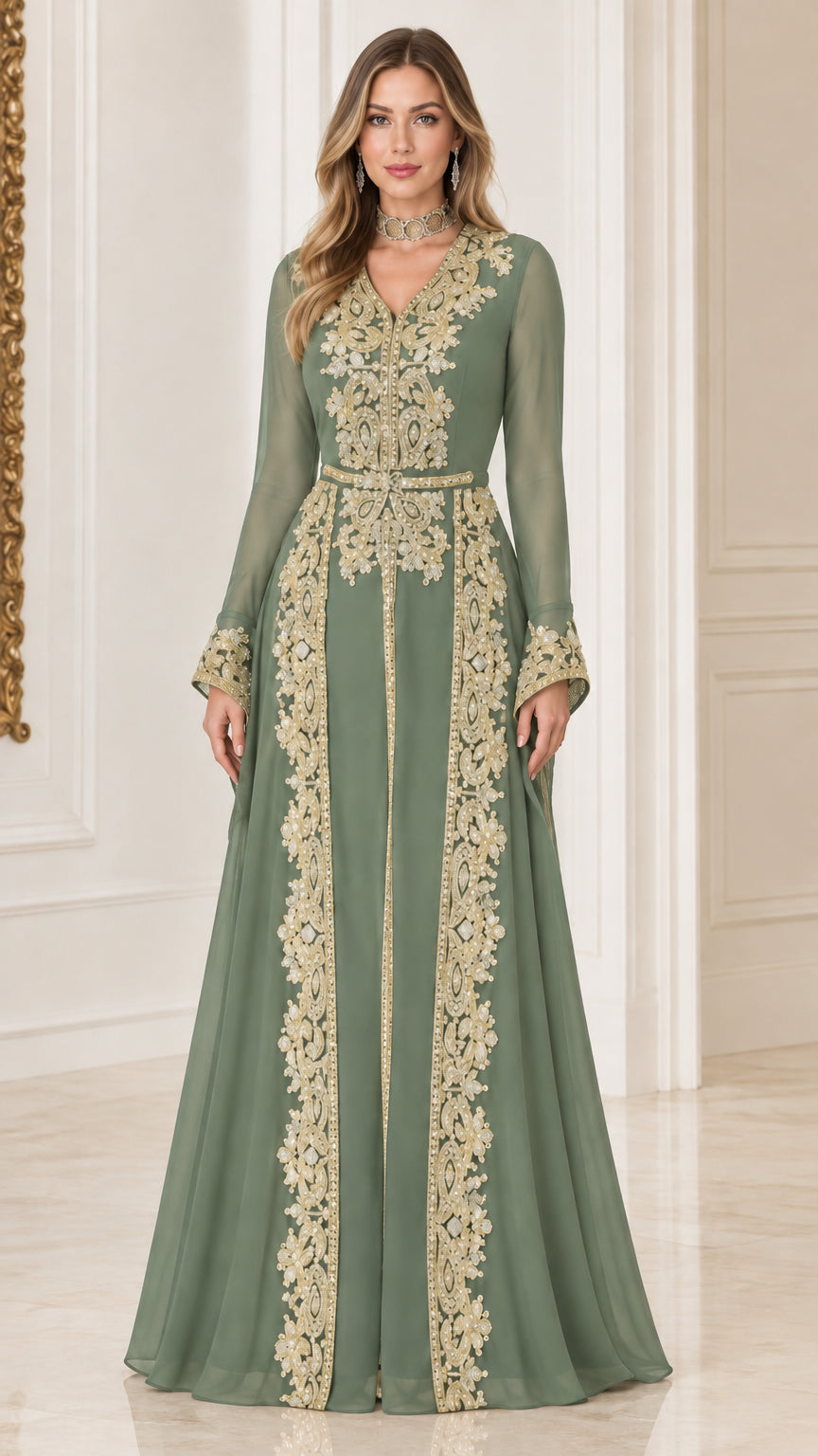 Sage green embroidered long sleeve formal evening maxi dress