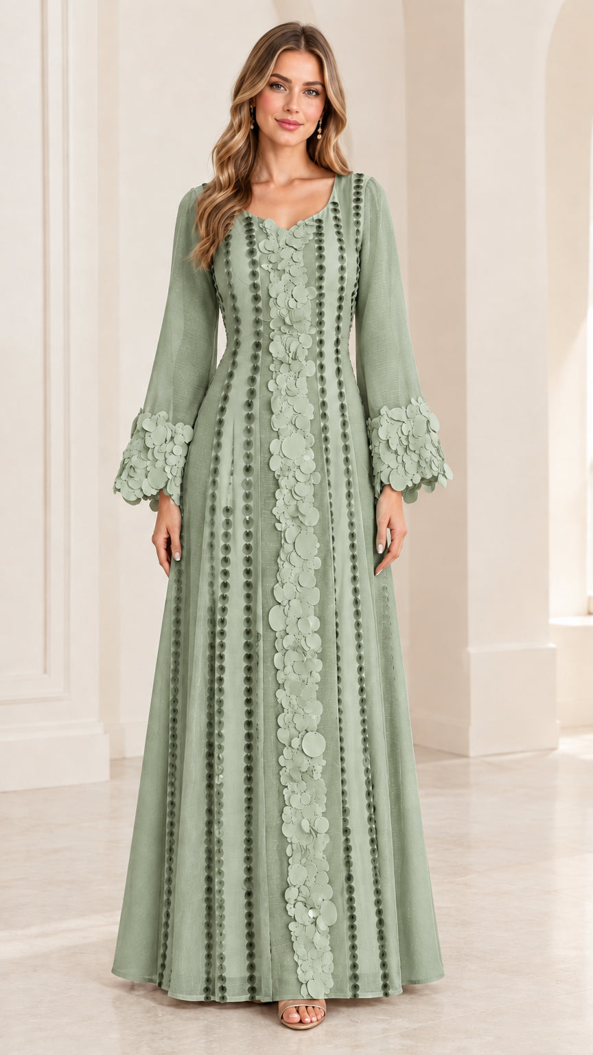 Full-length front view of sage green long sleeve evening dress with floral accents