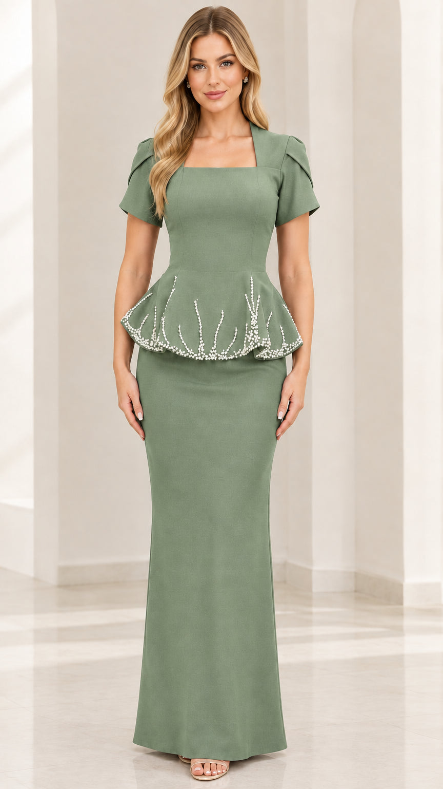 Front view of model wearing Sage Green beaded peplum column dress