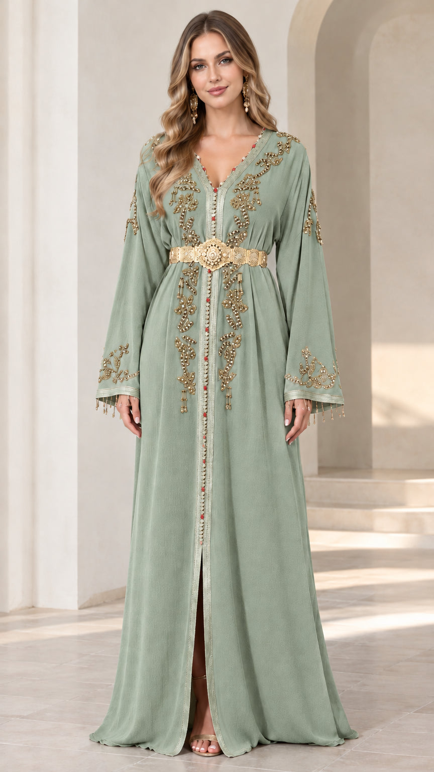 Front view of sage green embroidered caftan maxi dress with gold belt