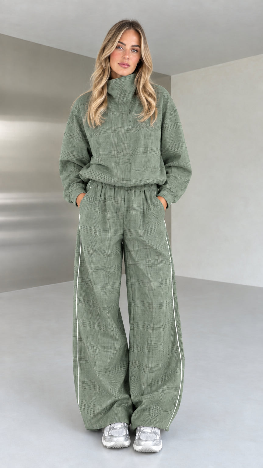 Model wearing sage green plaid matching two-piece set