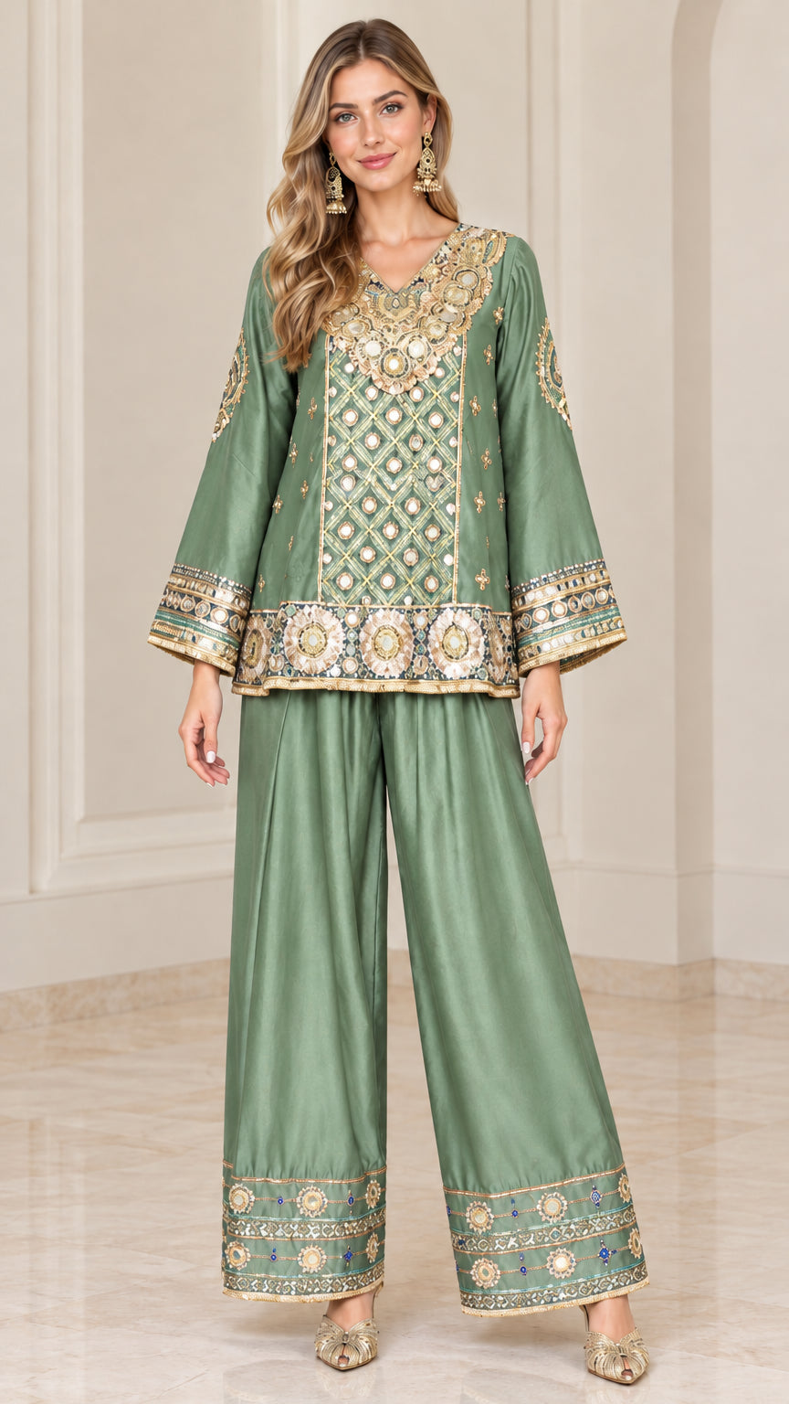 Front view of sage green embroidered tunic top and wide-leg trousers set