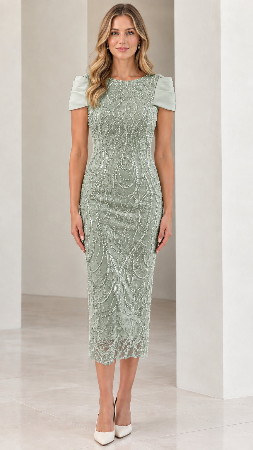 Front view of woman wearing Sage Green beaded cocktail sheath dress