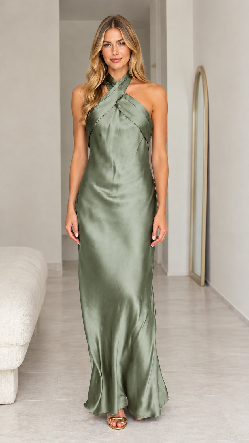 Sage green halter cross neck satin maxi dress front view