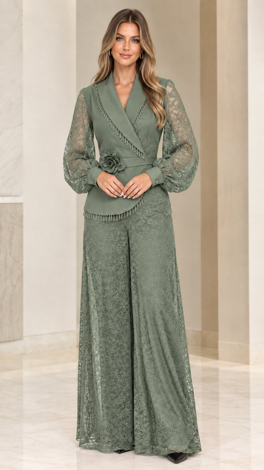 Sage Green formal beaded lace evening jumpsuit on model