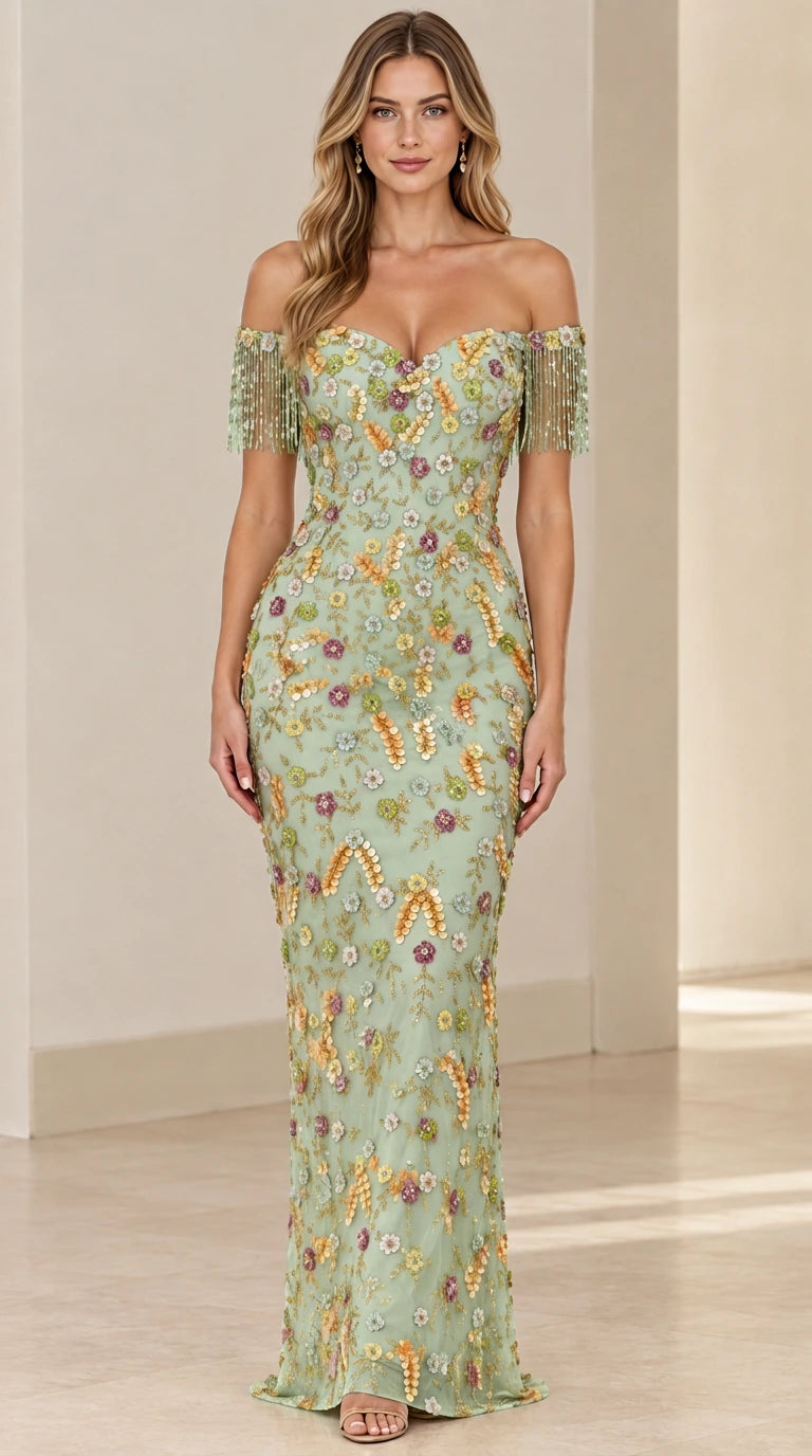 Sage Green floral sequin embroidered off-the-shoulder evening dress