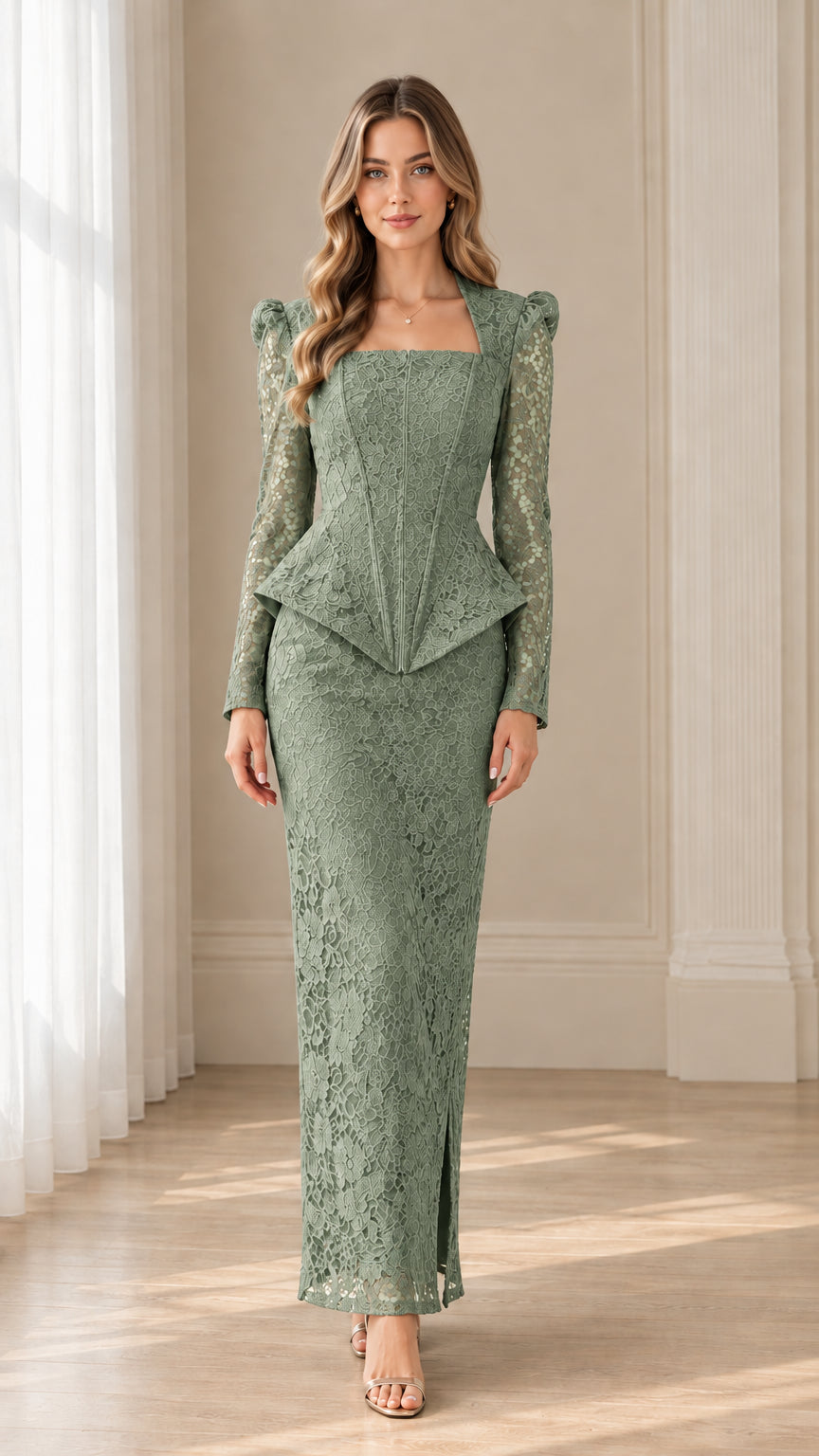 Model wearing sage green floral lace peplum top and column maxi skirt set