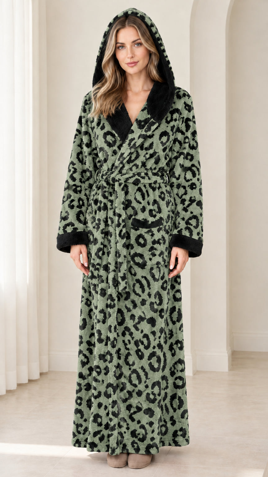 Front view of woman wearing sage green leopard print plush hooded bathrobe
