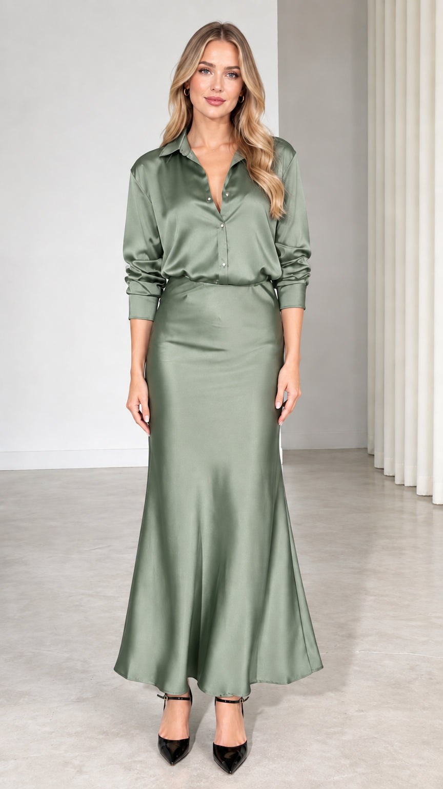 Model wearing sage green satin blouse and coordinated flared maxi skirt