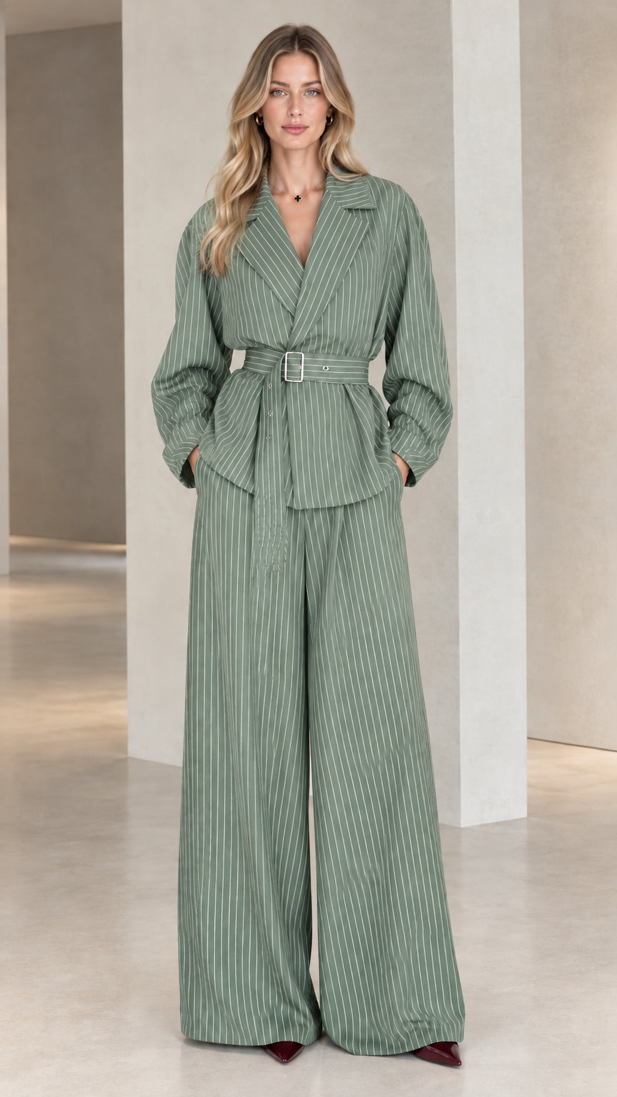 Model wearing Sage Green pinstripe belted blazer top and matching trousers set