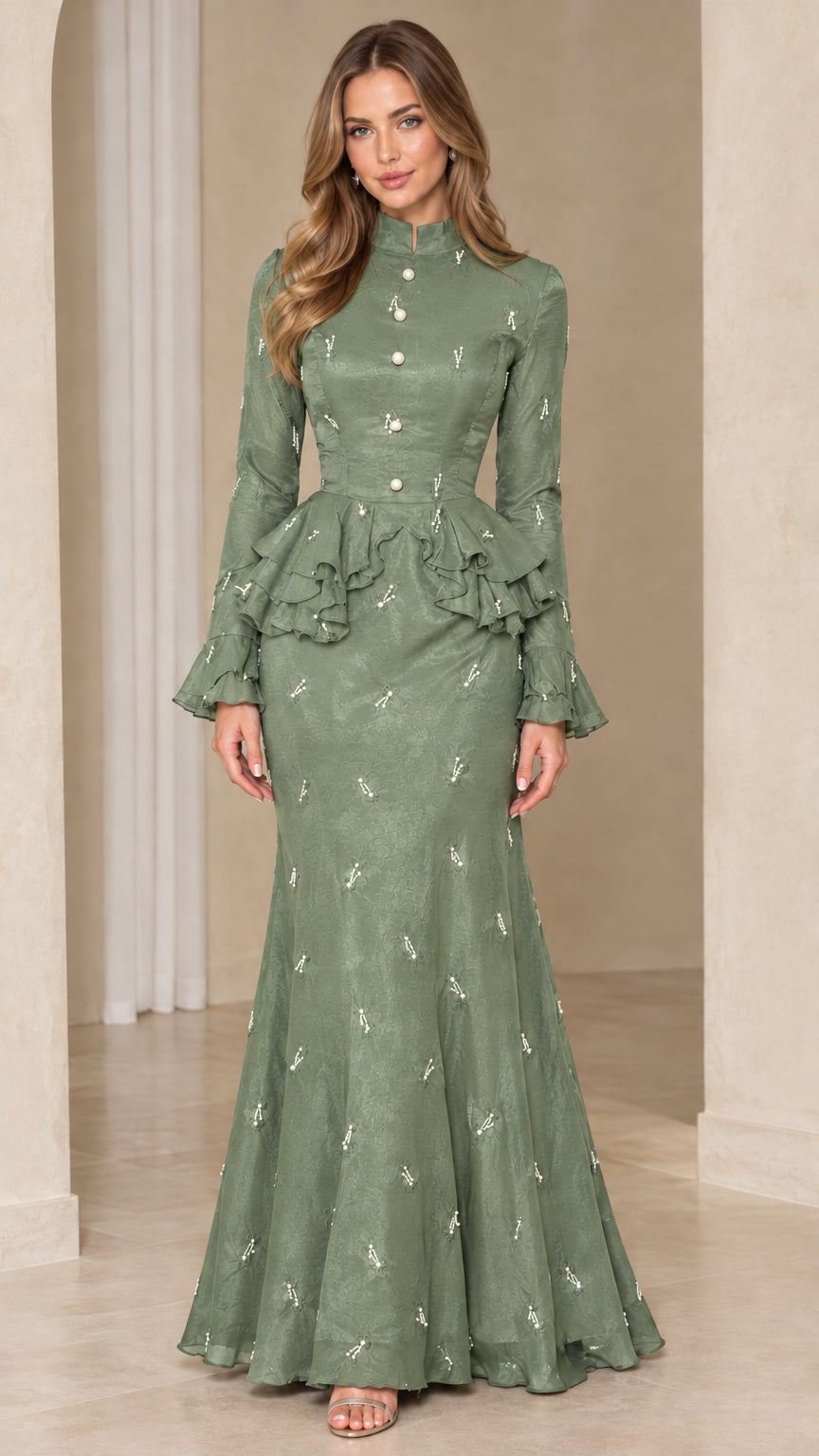 Full-length view of sage green embellished peplum mermaid maxi dress