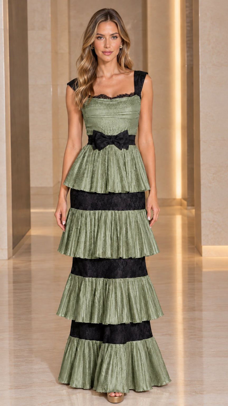 Front view of Sage Green pleated tiered evening dress with black lace trim