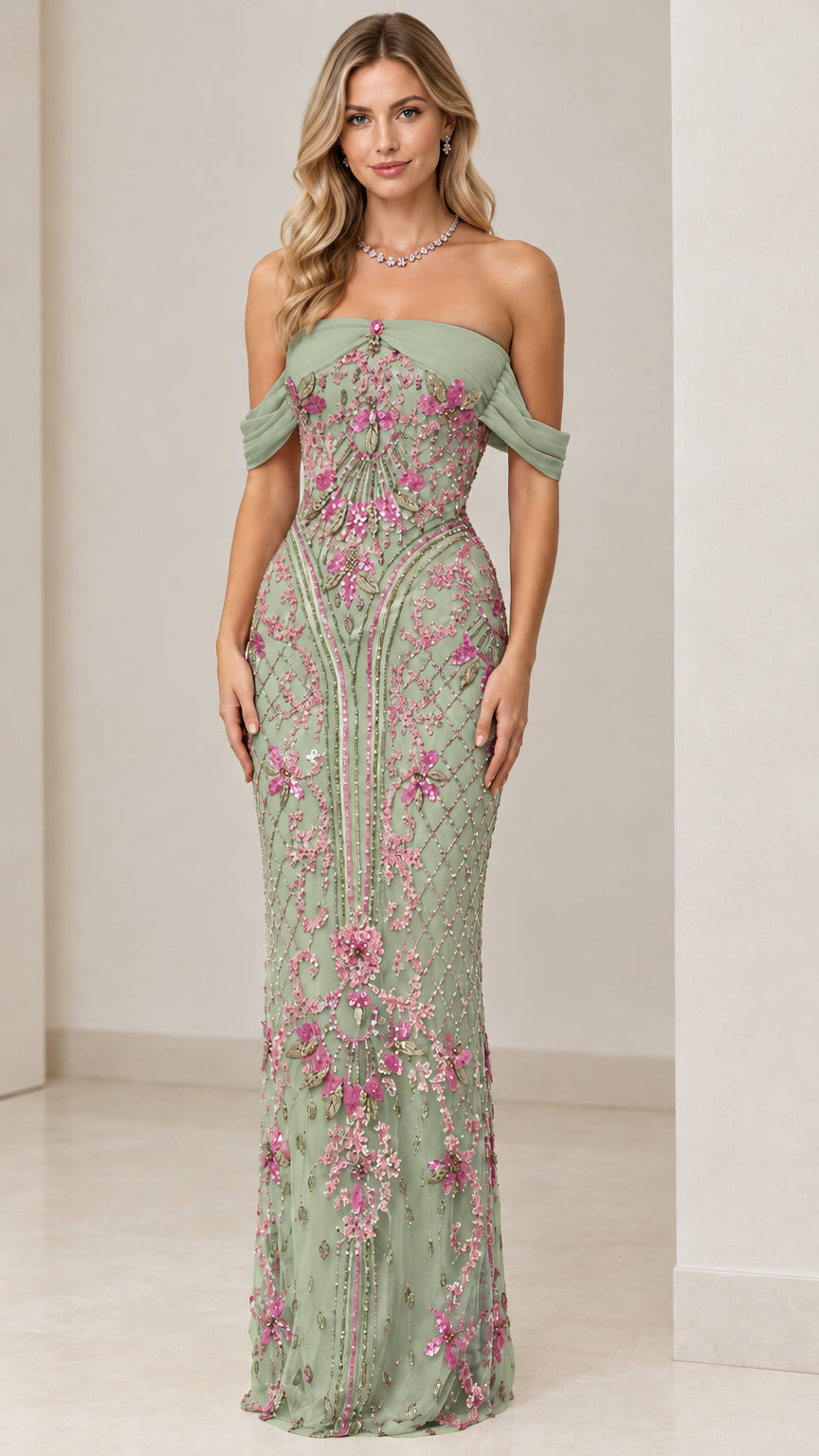 Model wearing Sage Green off-shoulder beaded floral evening gown