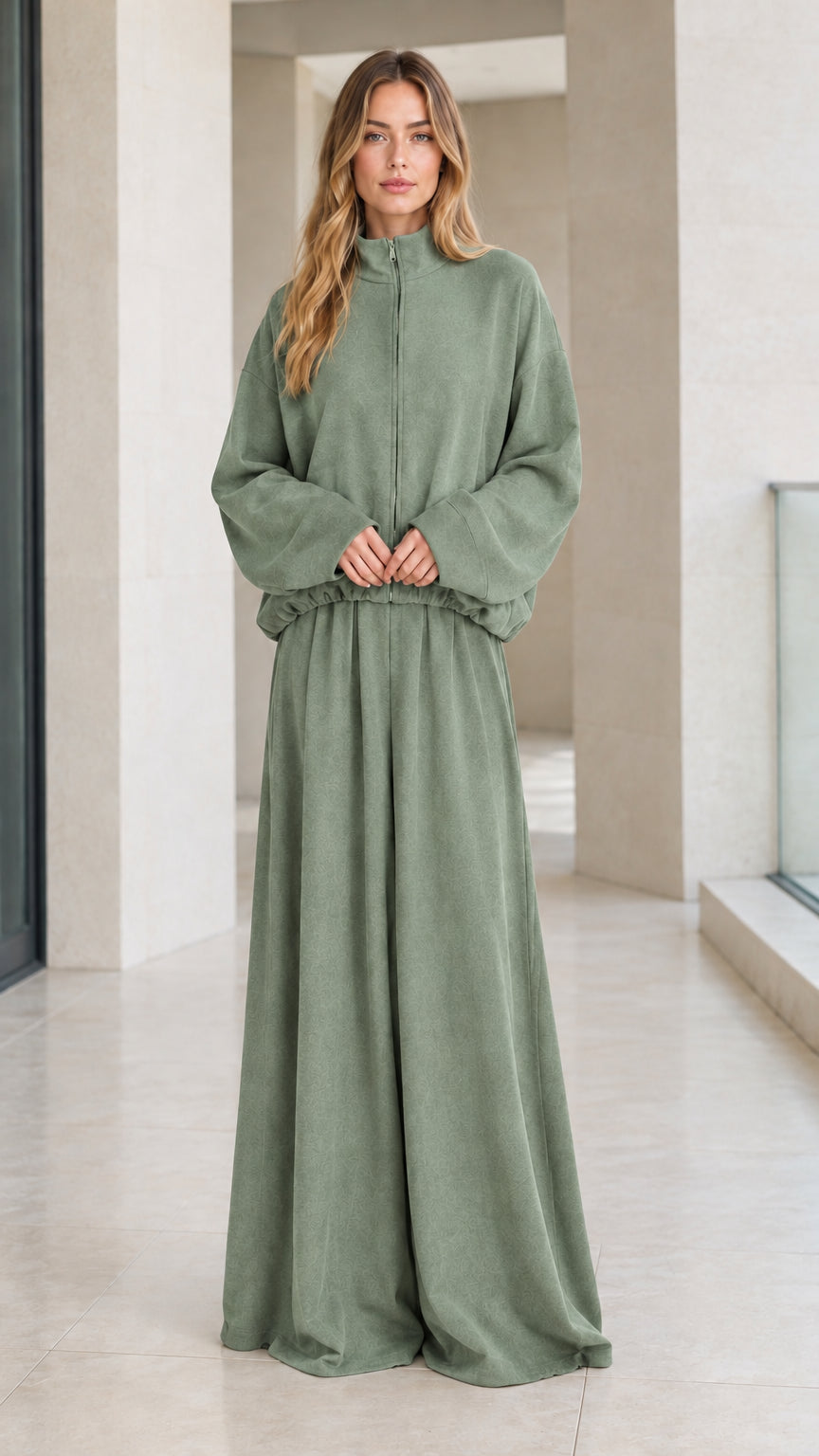 Front view of woman wearing sage green zip mock neck top and wide-leg pants set