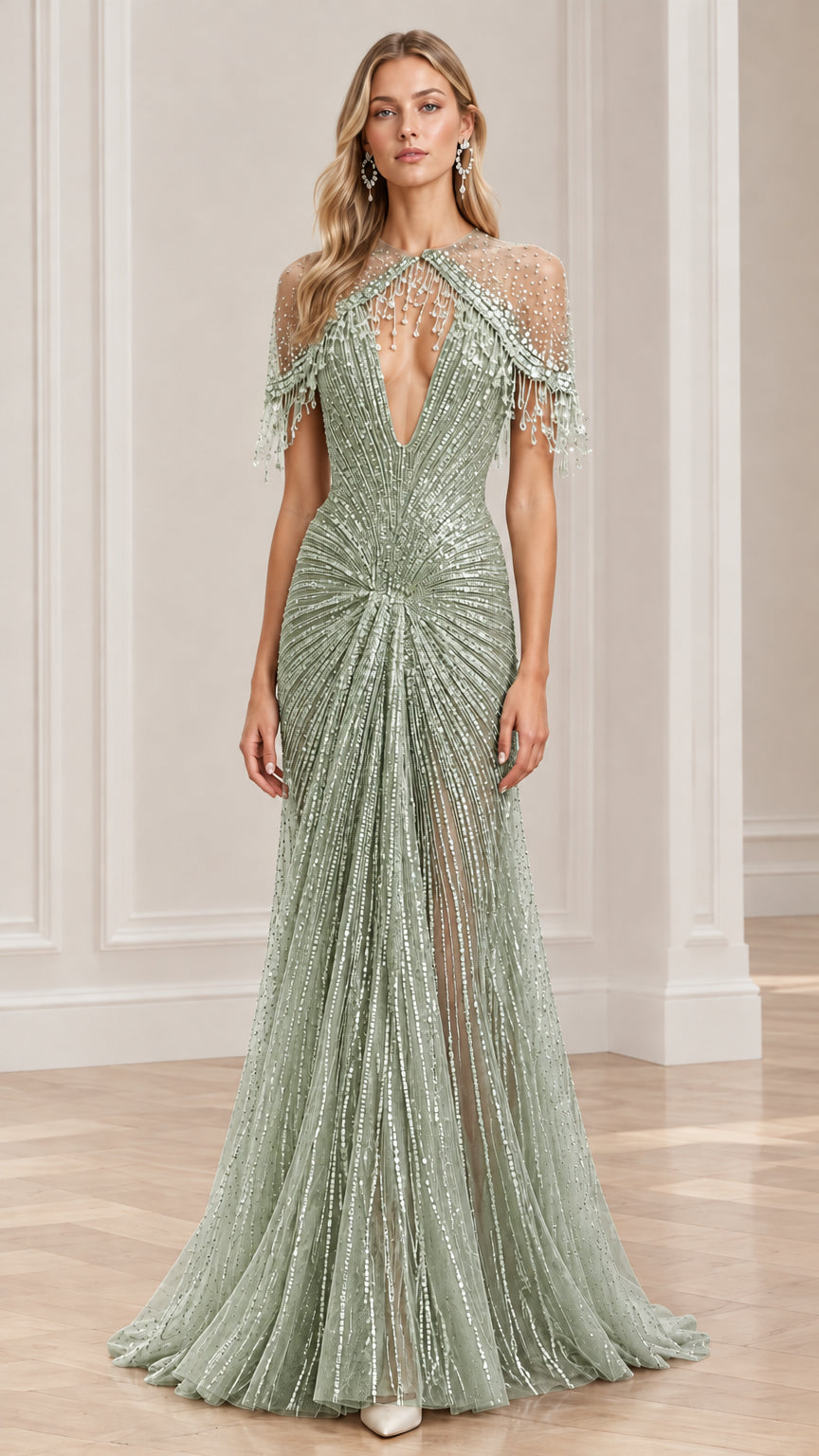 Front view of sage green sequined evening dress with beaded fringe cap sleeves