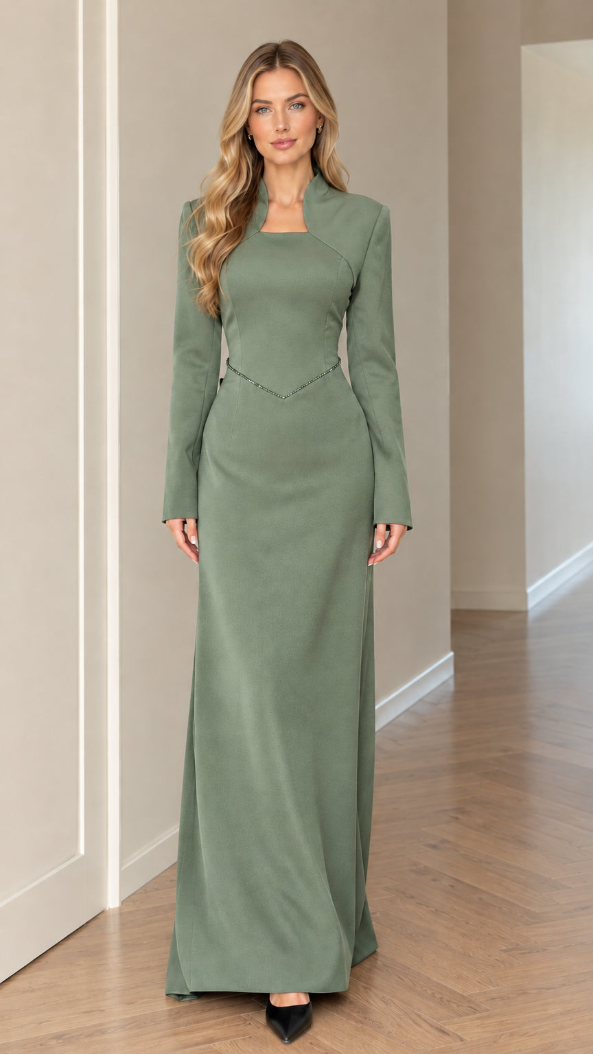 Front full-length view of model wearing Sage Green long sleeve maxi dress
