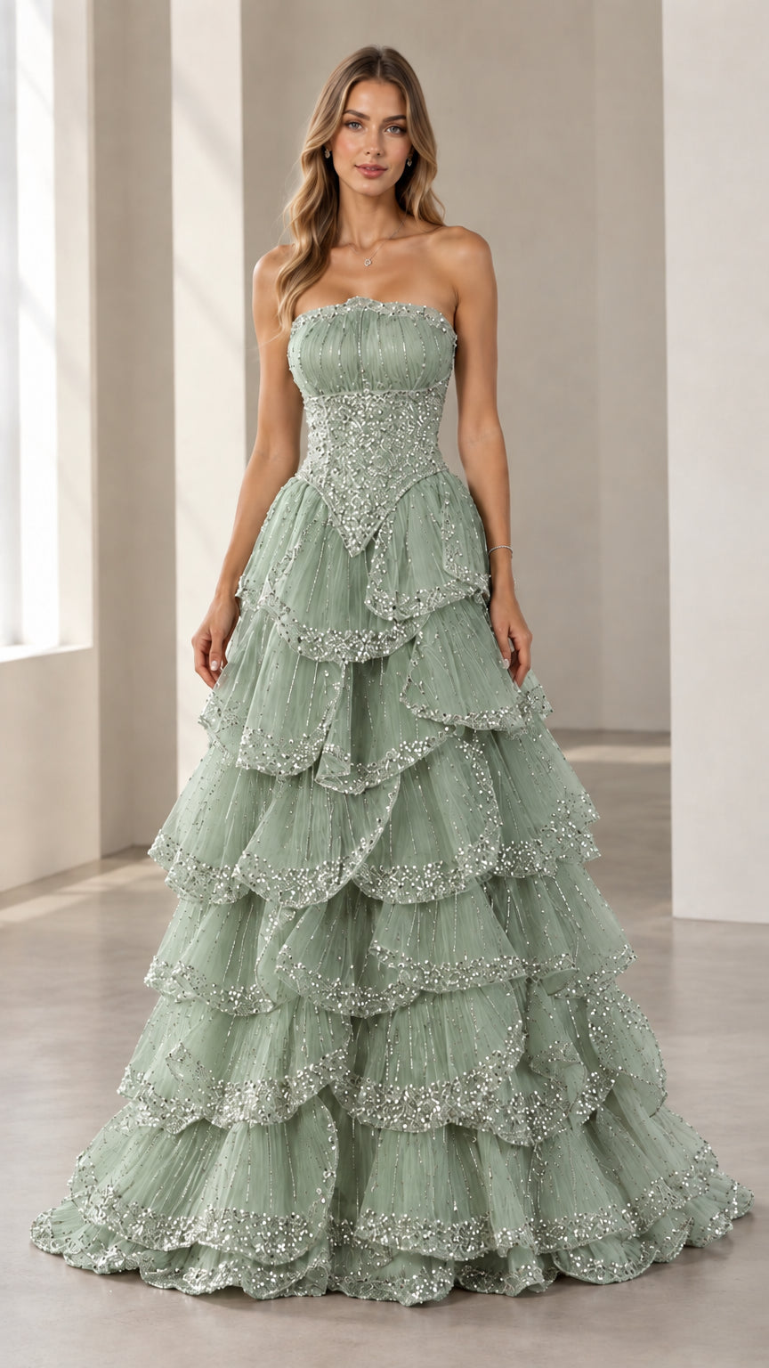 Full-length front view of the strapless beaded tiered evening gown in Sage Green