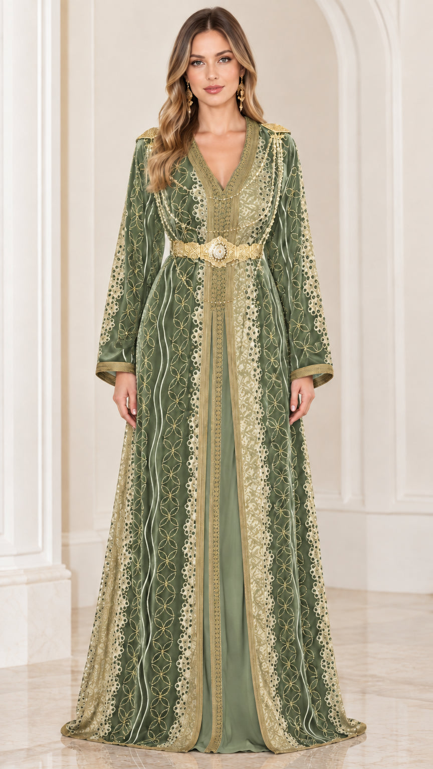 Front full-length view of sage green embroidered velvet Moroccan kaftan dress