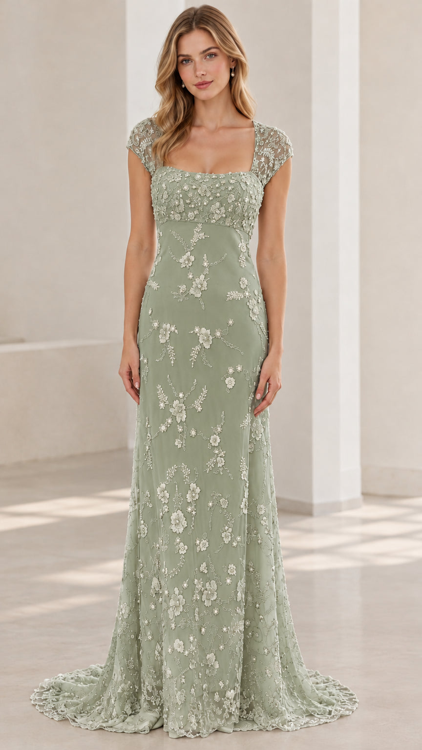 Sage green embroidered beaded formal gown front view