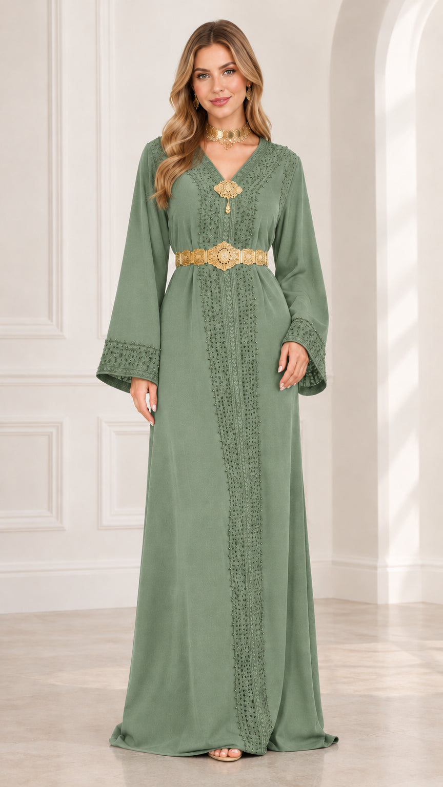 Front view of sage green embellished kaftan maxi dress with gold belt