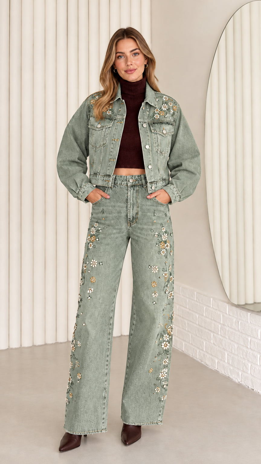 Model wearing Sage Green floral embellished denim jacket and wide-leg pants set