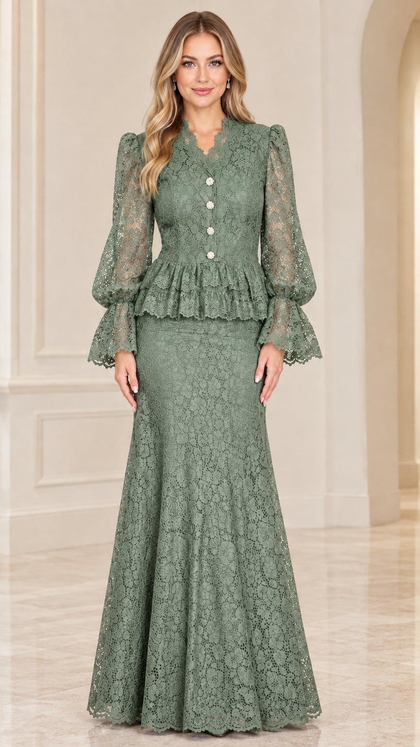 Front view of sage green floral lace peplum maxi gown