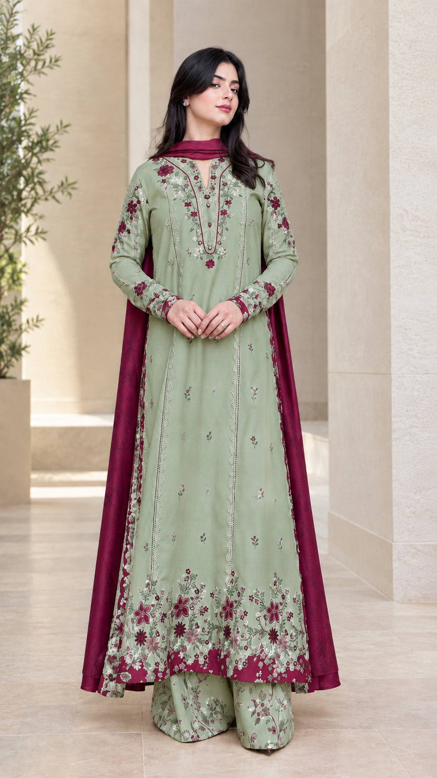 Front full view of sage green floral embroidered 3-piece kurta palazzo suit set with contrast dupatta