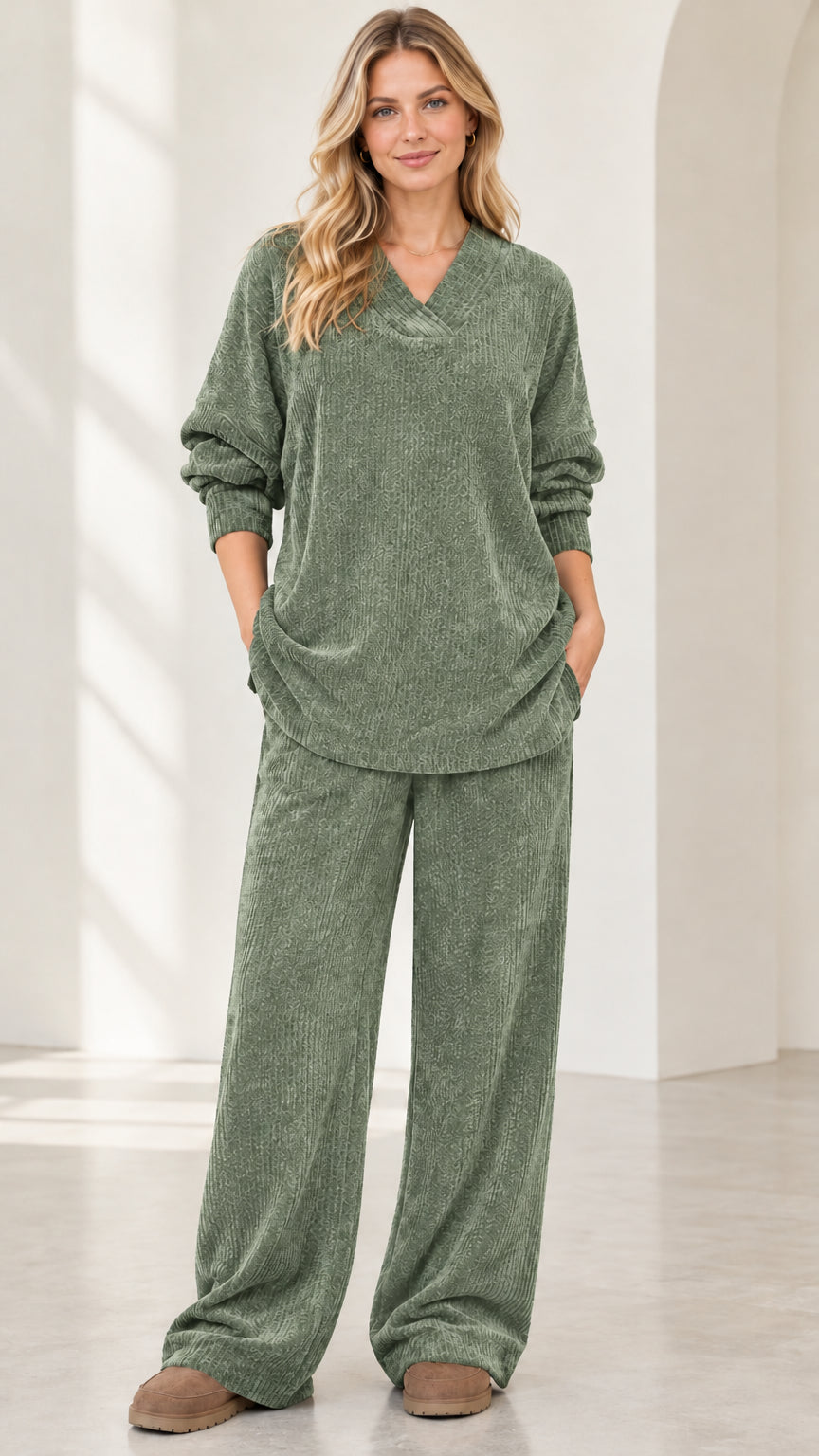Front view of woman wearing sage green textured ribbed knit loungewear set